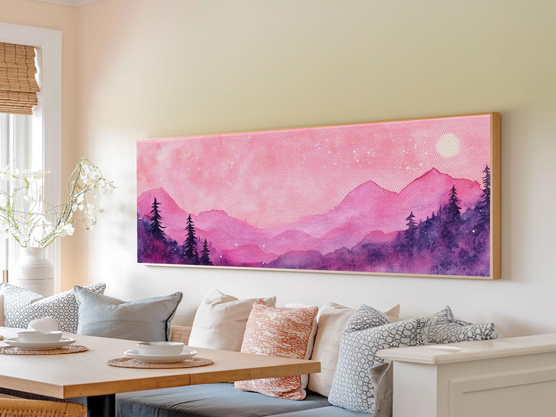 Pink Starry Night Mountain Landscape Watercolor Purple Wall Art Poster - Image 6