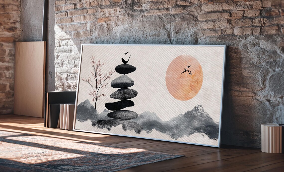 Wabi Sabi Birds On Stone Cairn Japanese Zen Ink Minimalist Poster - Image 4