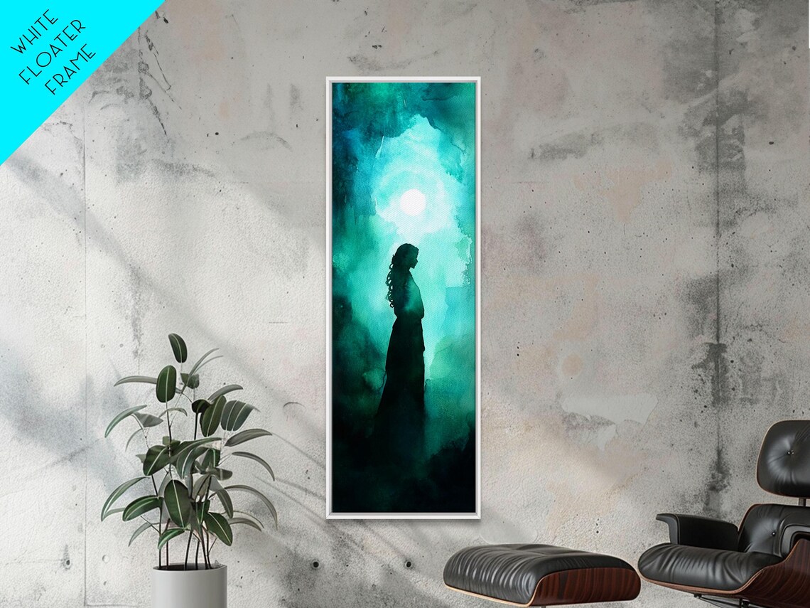 Moonlit Goddess Silhouette Teal Watercolor Night Mystical Wall Poster - Image 4