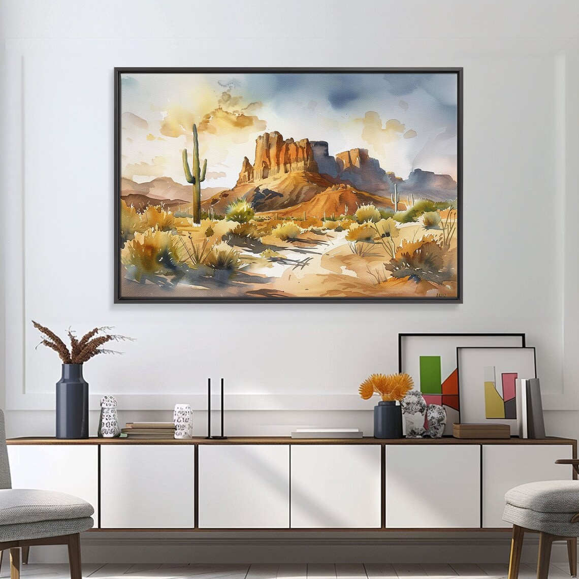 Arizona Desert Saguaro Cactus Red Rock Mesas Golden Hour Travel Poster