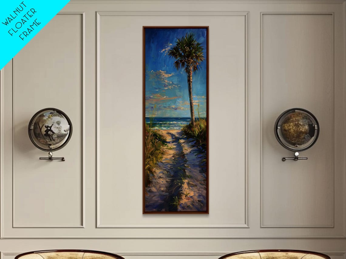 Palm Tree Beach Path Ocean View Golden Hour Coastal Scene Wall Art - Image 5