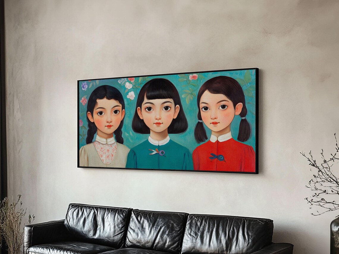 Three Girls Floral Portrait Whimsical Sisters Painting Wall Poster - Image 3
