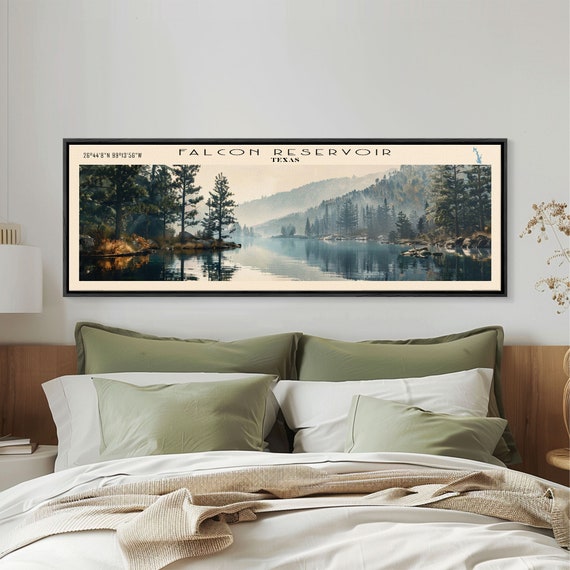 Falcon International Reservoir Framed Print Lake House Decor Panoramic Wall Art Travel Poster Modern Lake Painting Nature Art