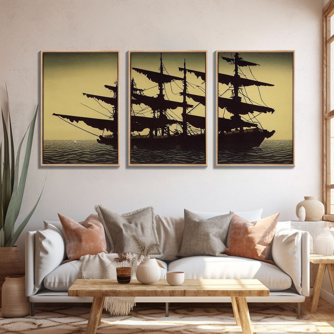 Ghost Pirate Ship Silhouette At Sea Vintage Three Piece Sailing Print