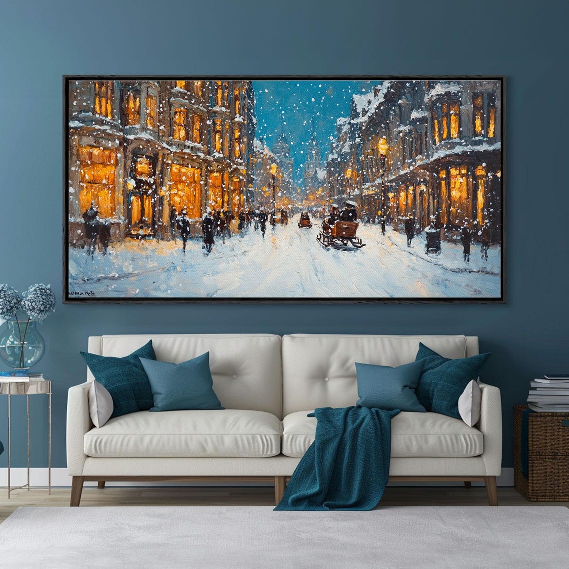 Large Framed Print Winter Wonderland Snowy City Street Art With Horse Carriage Perfect Christmas Home Decor Holiday Wall Art - Image 2