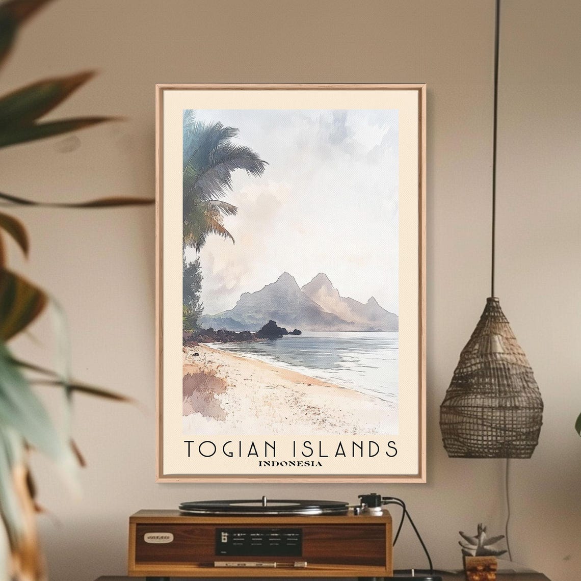 Togian Islands Indonesia Palm Beach Hazy Mountains Watercolor Poster