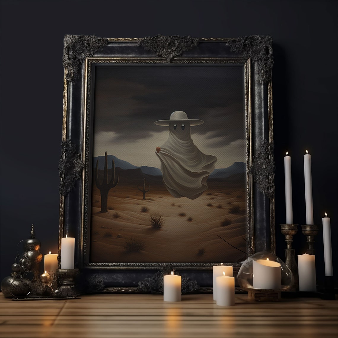 Cowboy Ghost In Desert With Cactus Under Stormy Sky Western Print