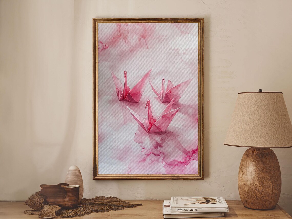 Pink Origami Cranes Watercolor Japanese Paper Birds Minimalist Poster - Image 5