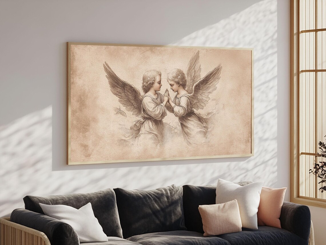 Guardian Angel Sketch Print Two Cherubs Praying Together Sepia Wall Art - Image 5