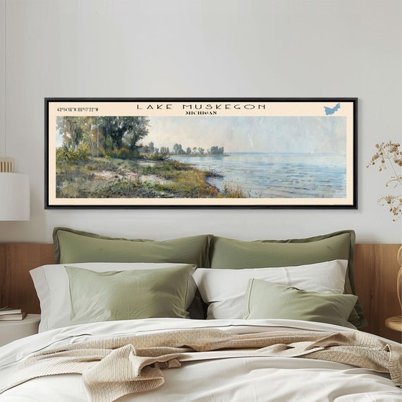 Lake Muskegon Michigan Framed Print Lake House Decor Panoramic Wall Art Travel Poster Landscape Painting Living Room Decor
