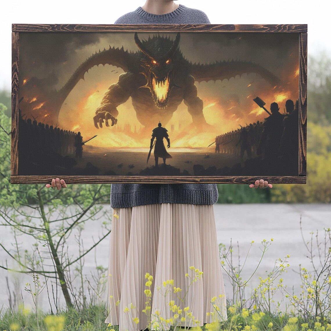 Warrior Facing Down A Dragon, Fantasy Wall Art - Image 2