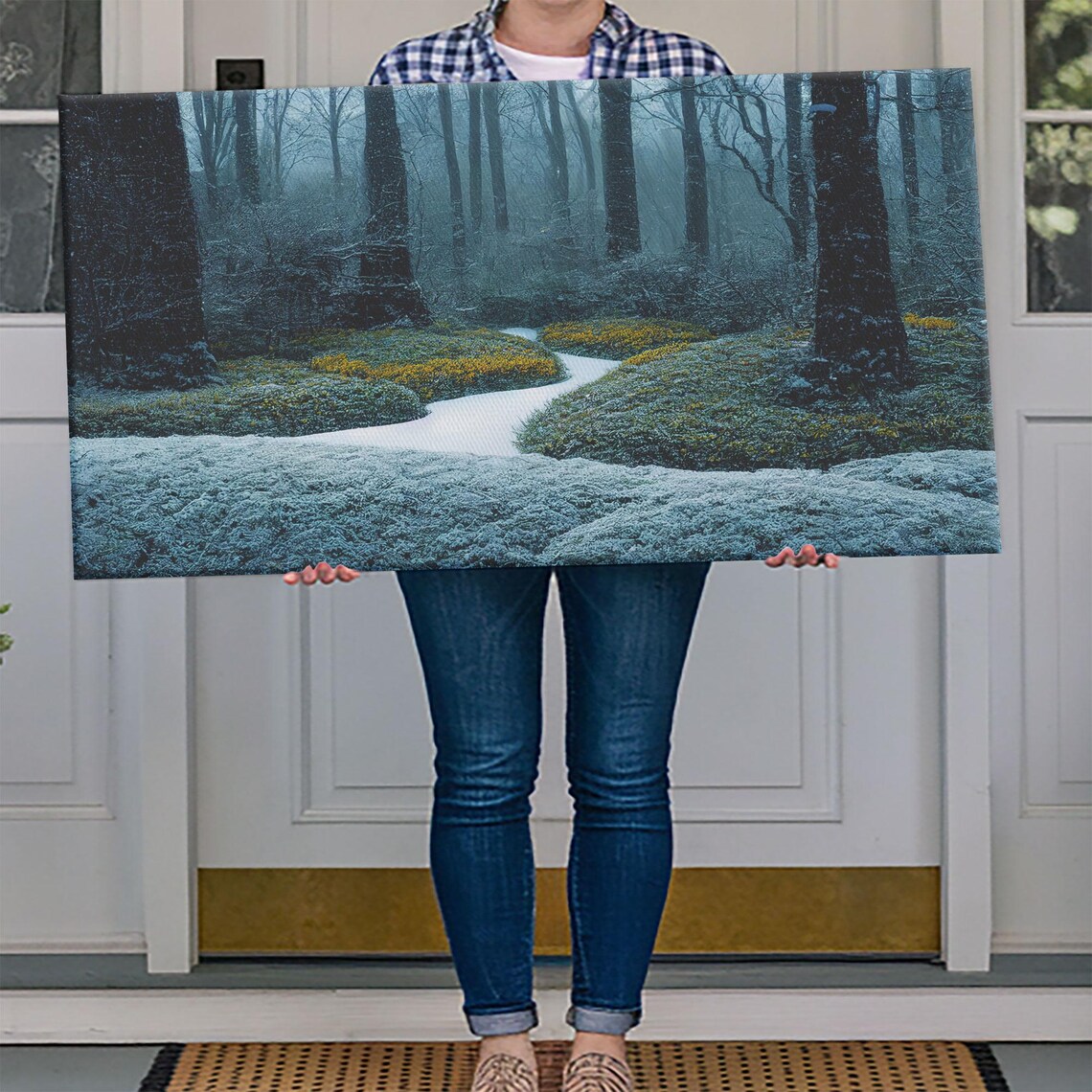 Snow Covered Winter Forest Path Tall Trees Frosty Blue Woodland Poster - Image 4