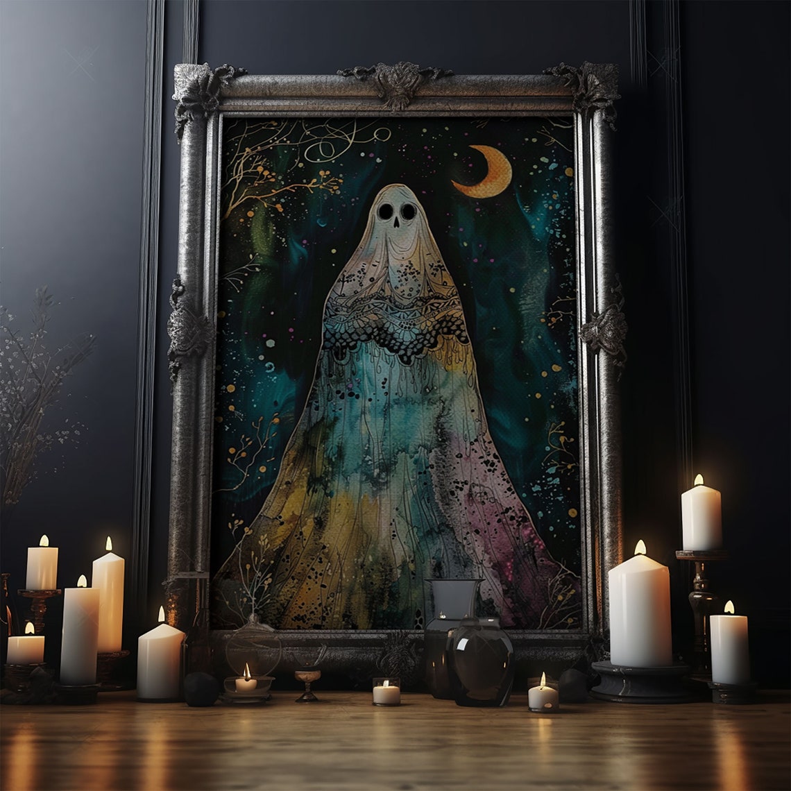 Cottagecore Veiled Ghost Crescent Moon Starry Night Art Poster - Image 4