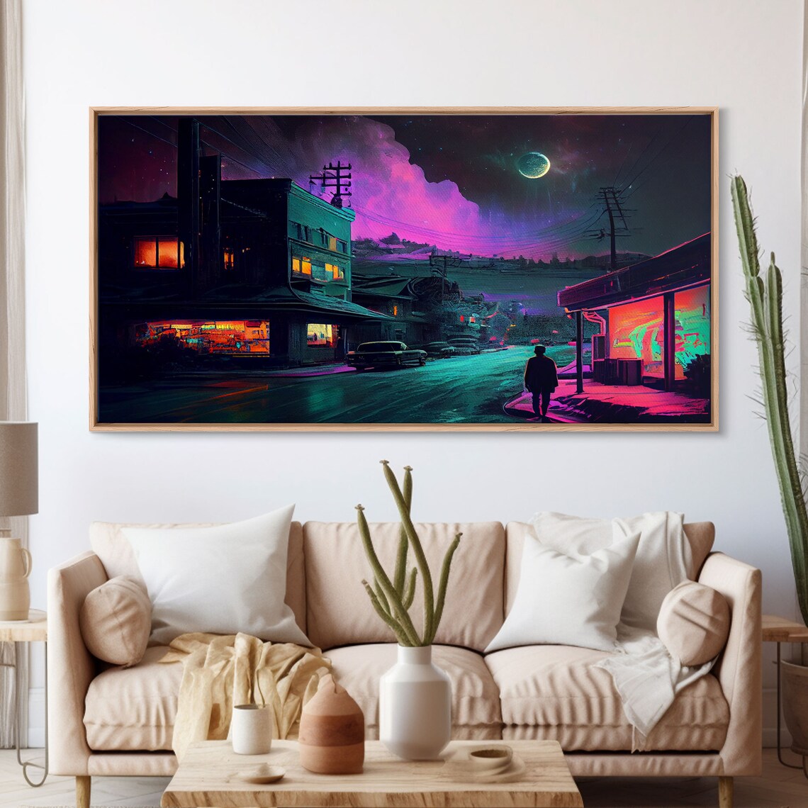 Neon City Street Night Moon Lone Figure Retro Sci Fi Town Poster - Image 3