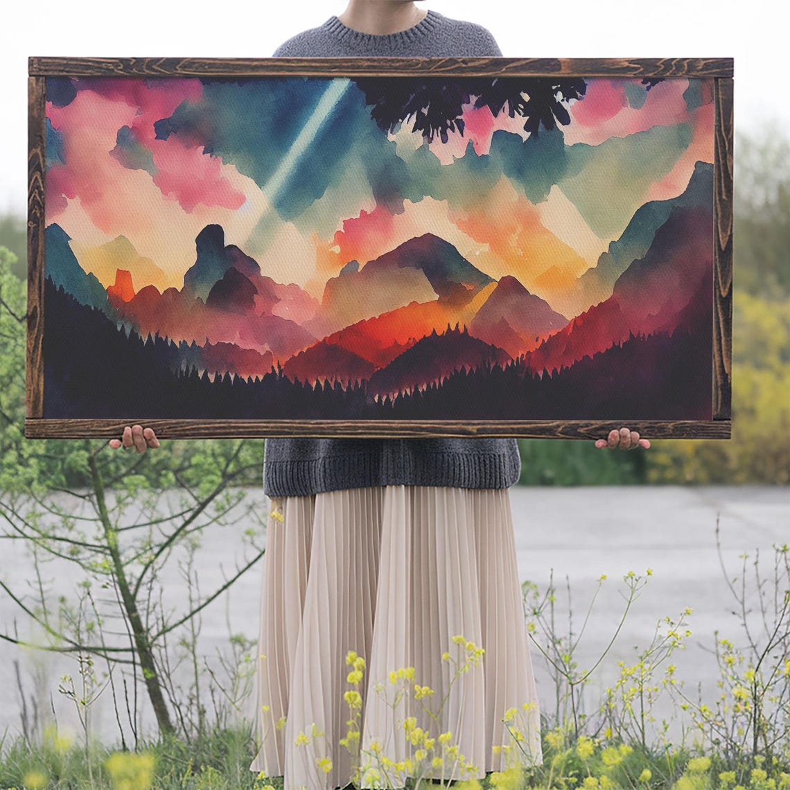 Mountain Artwork Print Horizontal Wall Art Large Watercolor Painting Panoramic Mountain Print Modern Landscape Art Original Art - Image 2