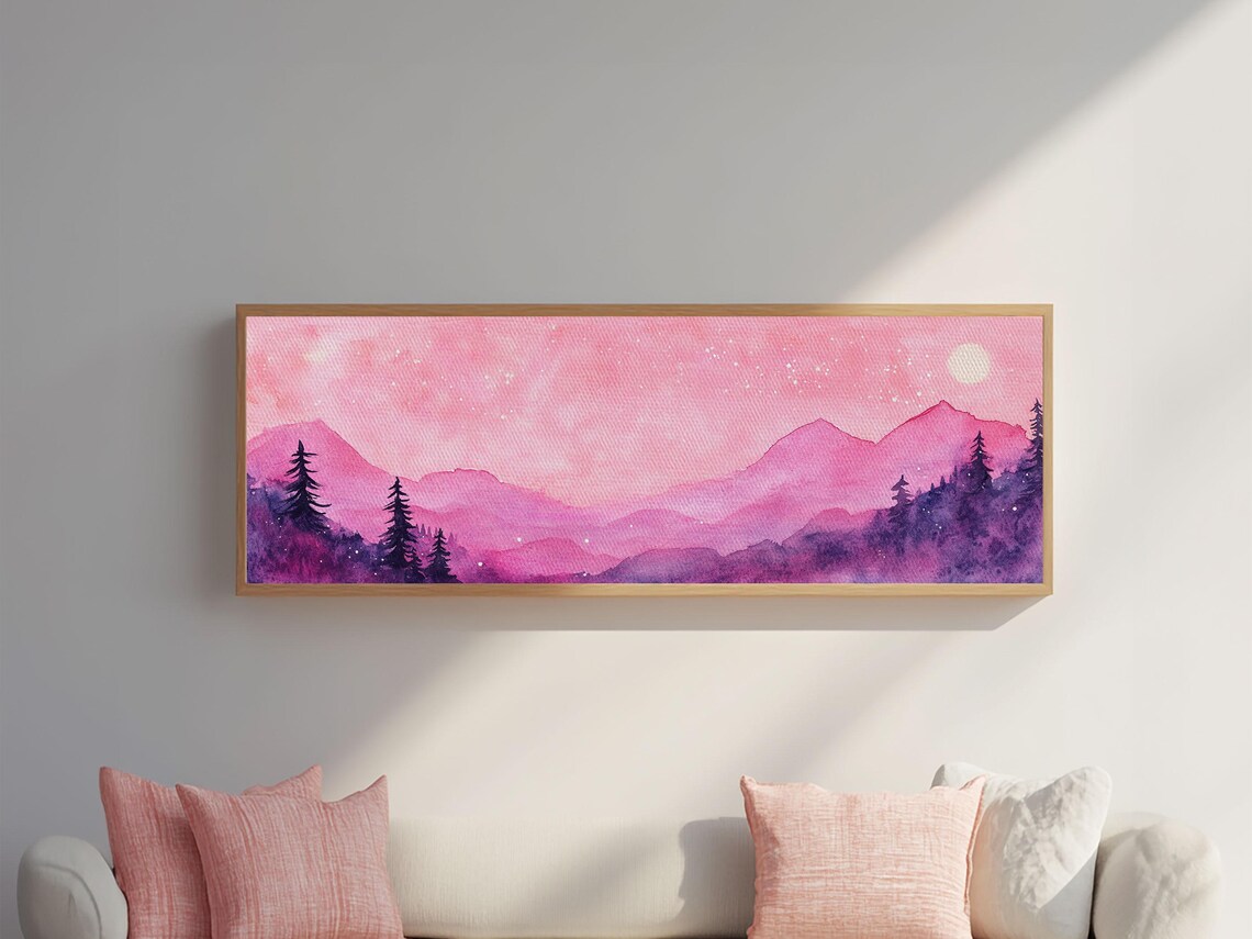 Pink Starry Night Mountain Landscape Watercolor Purple Wall Art Poster - Image 5