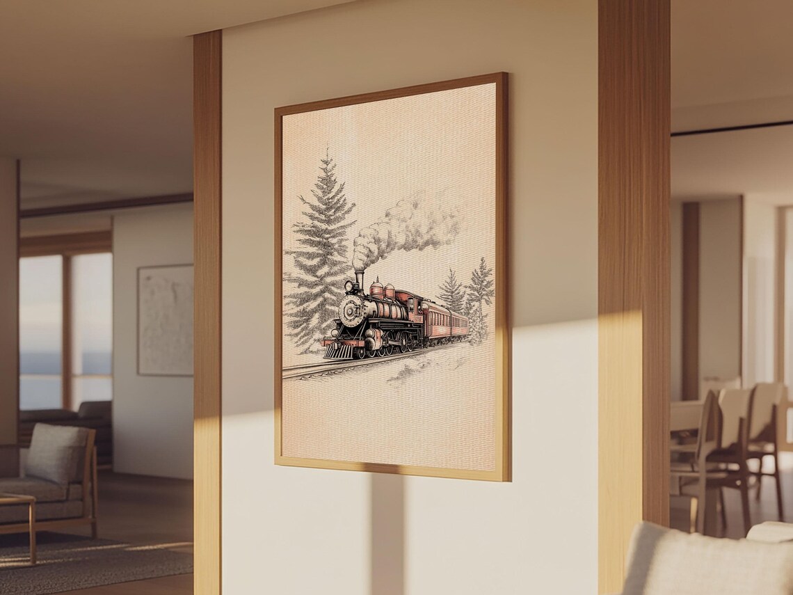 Vintage Steam Train Christmas Sketch Locomotive Pine Trees Art Poster - Image 2