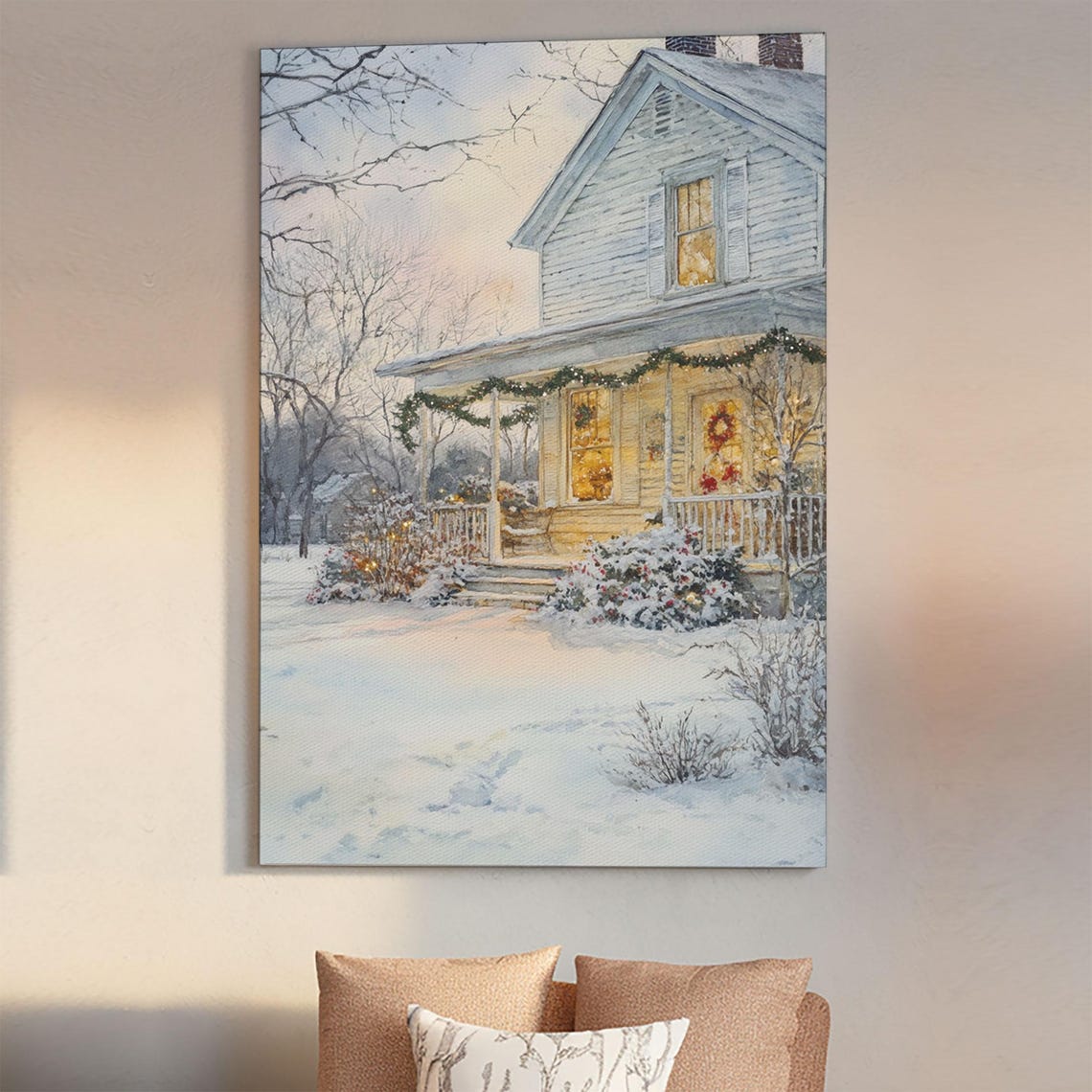 Snowy Farmhouse At Christmas Glowing Windows Garlands Winter Poster - Image 3