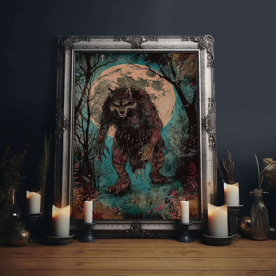 Full Moon Werewolf Menacing Forest Beast Halloween Horror Art Poster
