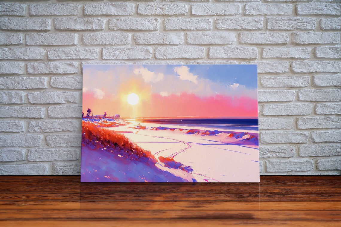 Winter Beach Sunset Purple Snow Dunes Pink Ocean Waves Art Poster