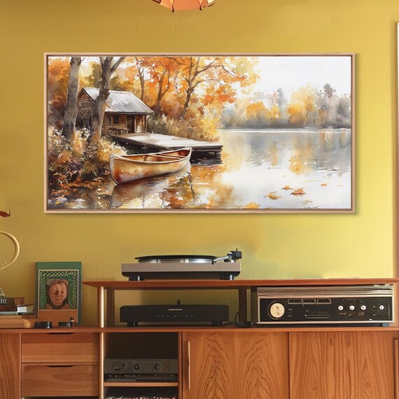 Autumn Lakeside Cabin Decor Print Fall Colors Cabin And Canoe Moody Landscape Rustic Seasonal Wall Art Autumn Home Decor Gift Idea
