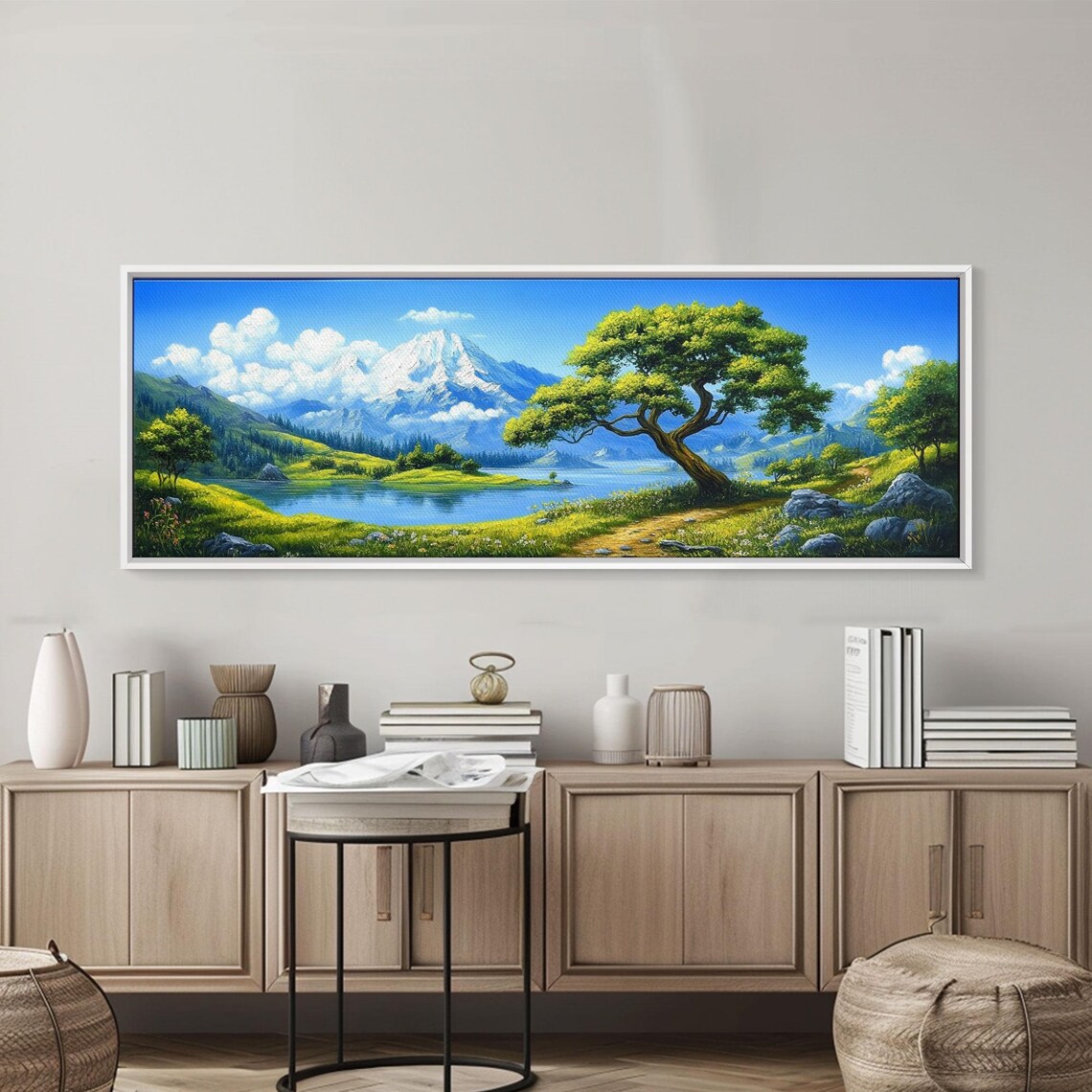 Vivid Green Alpine Lake Snowy Peak Summer Meadow Scenic Poster