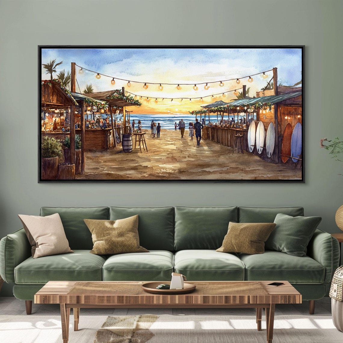 Beachside Christmas Market Sunset Boardwalk Stalls Surfboards Wall Art - Image 2
