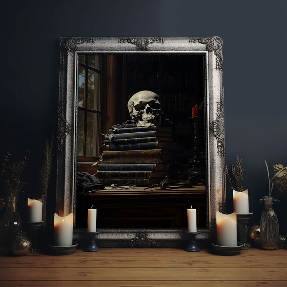 Skull On Stack Of Books Dark Academia Library Gothic Horror Art Poster