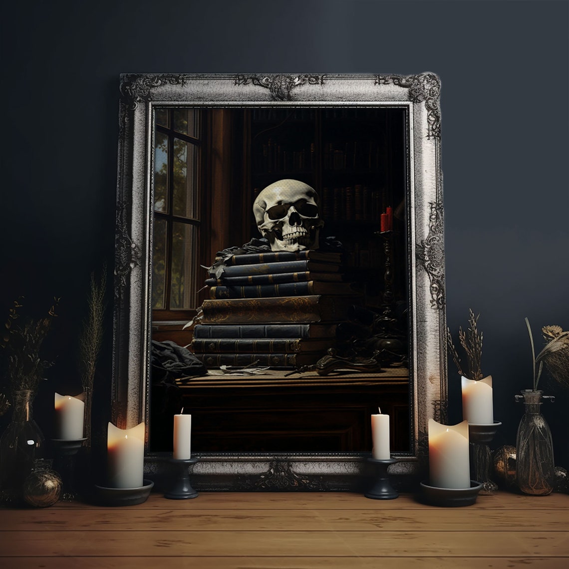 Skull On Stack Of Books Dark Academia Library Gothic Horror Art Poster