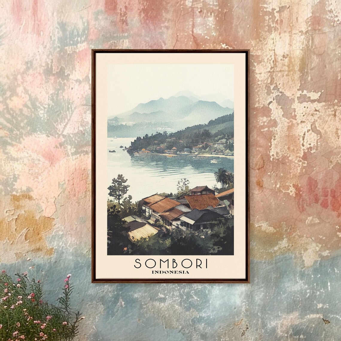 Sombori Indonesia Misty Lake Village Hillside Boats Watercolor Travel Poster - Image 4