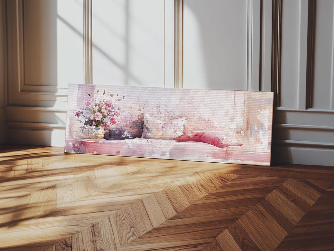 Pink Watercolor Sofa Floral Cushions Vase Horizontal Wall Art Poster - Image 4