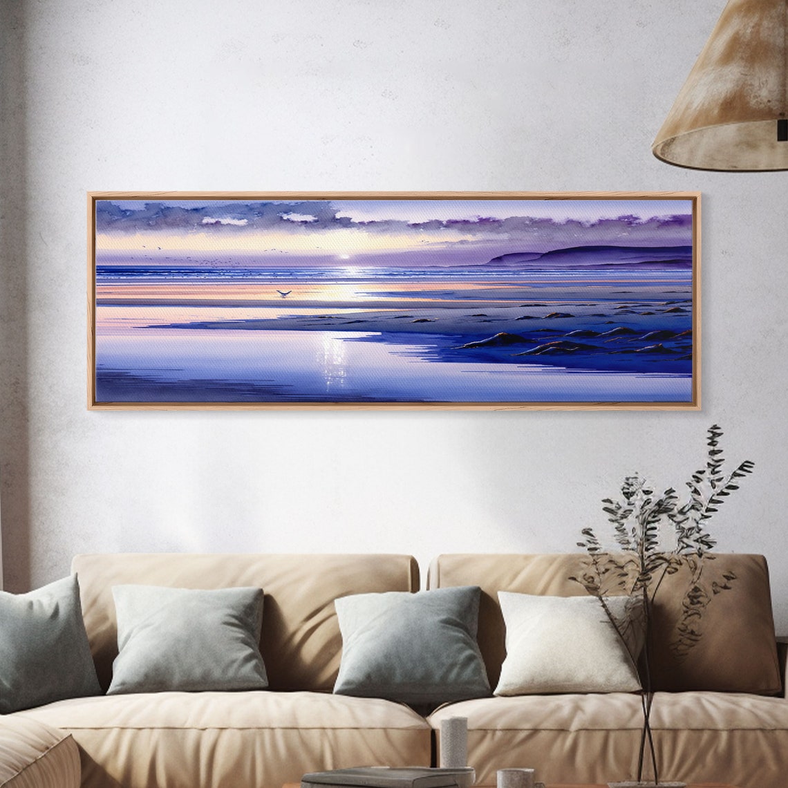 Panoramic Violet Beach Sunset Watercolor Waves Reflections Wall Poster - Image 4