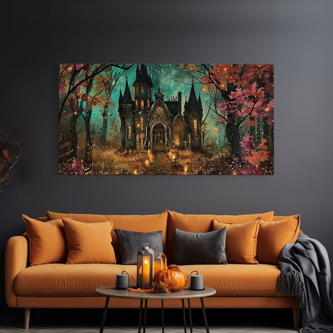 Haunted Gothic House Autumn Woods Glowing Windows Spooky Halloween Wall Art - Image 3