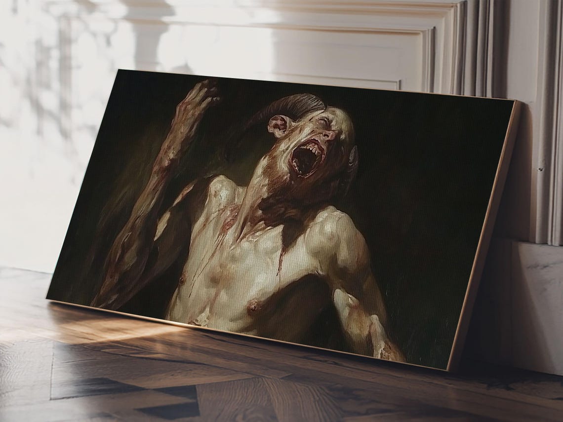 Gothic Horror Satyr Painting Screaming Demon Baroque Dark Oil Wall Art - Image 3