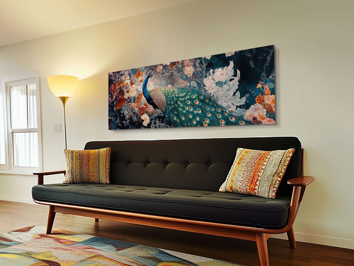Vibrant Peacock Mosaic Floral Panoramic Living Room Wall Art Poster
