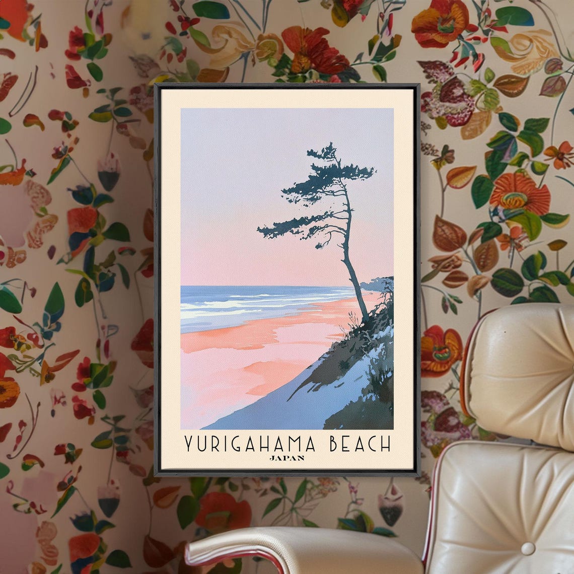 Yurigahama Beach Japan Pink Sunset Pine Tree Watercolor Poster