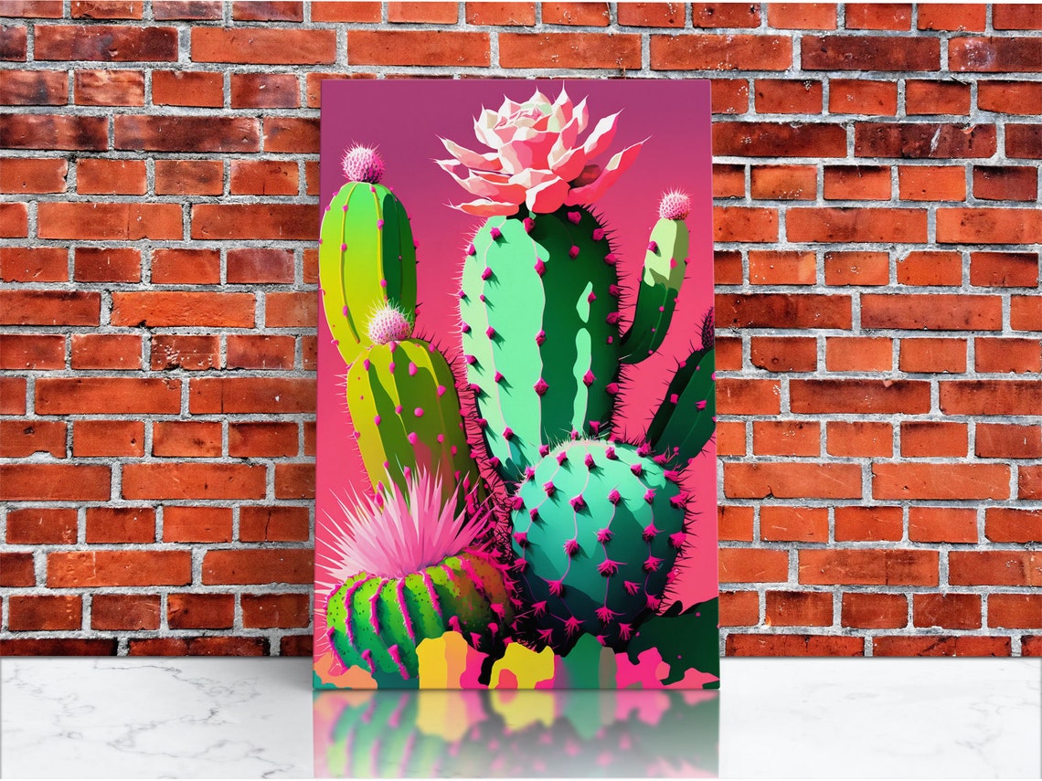 Neon Pop Art Cactus Blooming Flowers Hot Pink Background Art Poster - Image 3