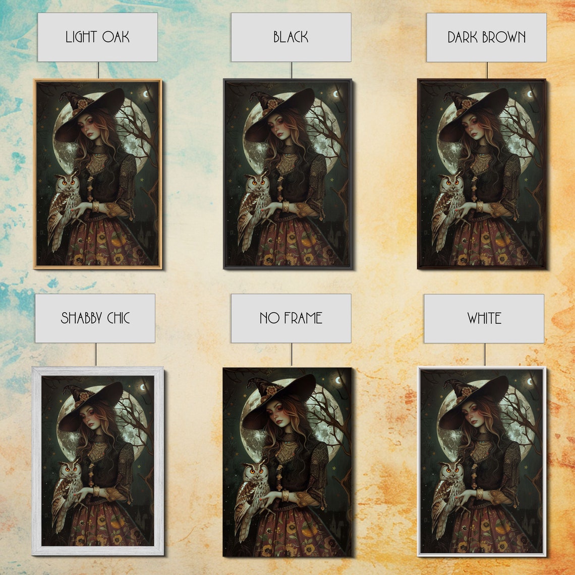 Witch Holding Barn Owl Under Full Moon Dark Forest Gothic Art Poster - Image 3