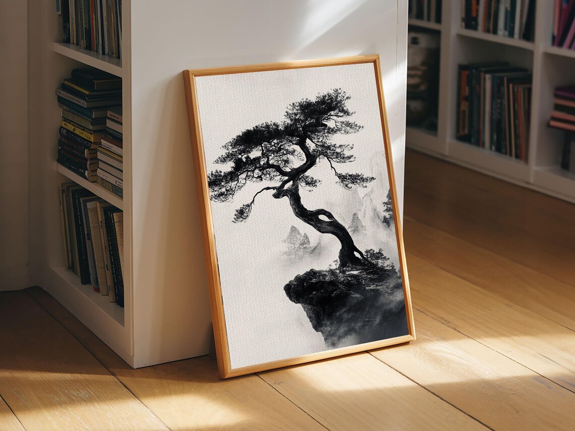 Bonsai Tree on a Cliff, Wabi-Sabi Japanese Art Print - Image 2