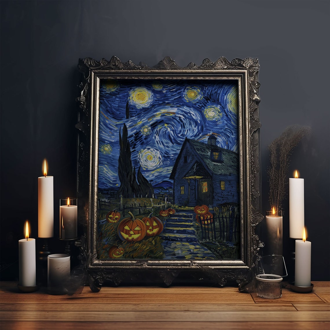 Starry Night Jack O Lanterns Spooky Cottage Halloween Art Poster - Image 5