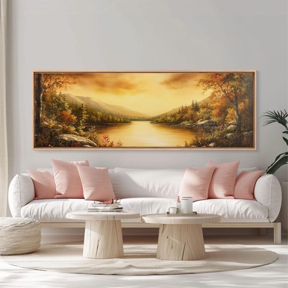 Sunset Over The Lake Framed Print Ultra Wide Wall Art Panoramic Painting Above Sofa Or Bed Wall Art Home Decor Calm Wall Art