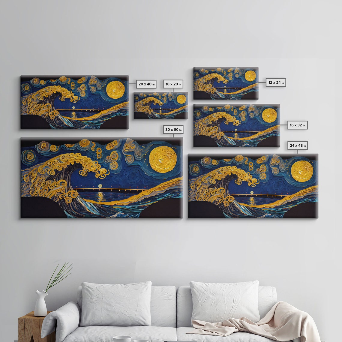 The Wave Abstract Art Framed Print Wood Framed Wall Art Gift Van Gogh Style Art Full Moon - Image 2