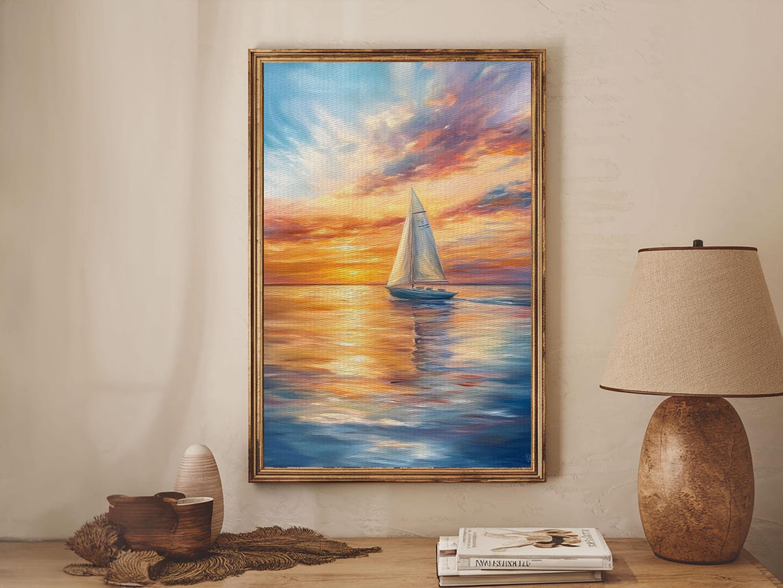 Sailboat At Sunset On Calm Ocean Vibrant Sky Nautical Wall Art Print - Image 3