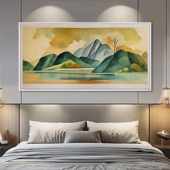 Serene Green Watercolor Landscape Print Abstract Wall Art Of A Lake And Mountains