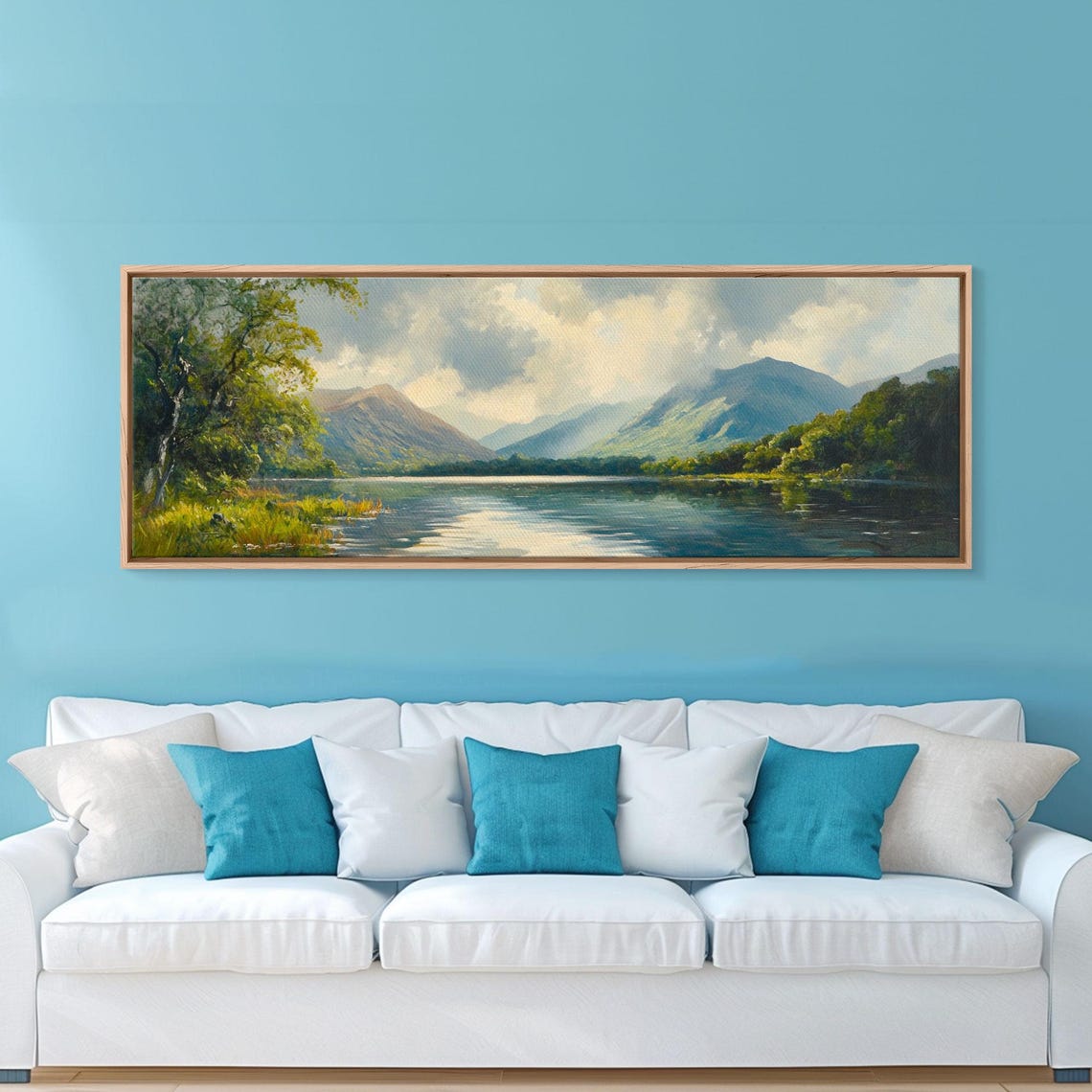 Serene Green Valley Lake Mountains Soft Light Watercolor Poster - Image 5
