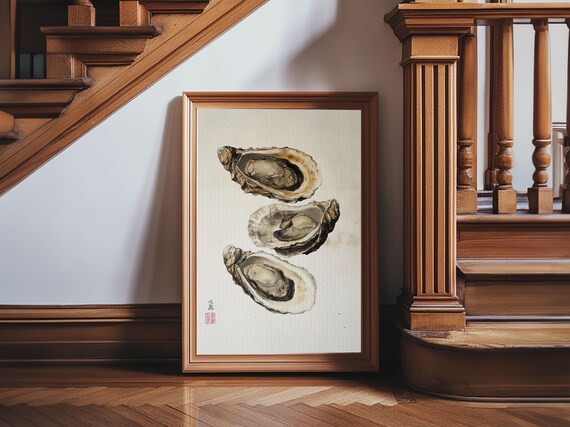 Japanese Oyster Shells Watercolor Painting Minimal Coastal Art Print