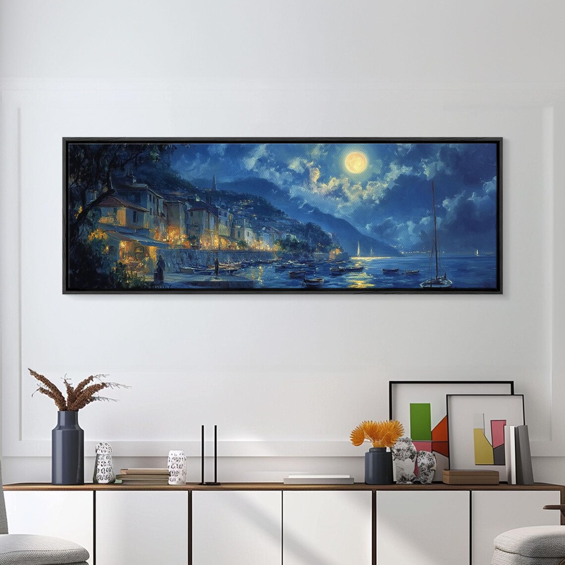 Italian Fishing Village Moonlit Harbor Full Moon Night Seascape Poster - Image 4
