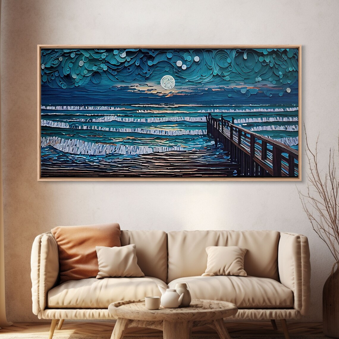 Full Moon Over Beach, Lighthouse Coastal Art Print - Image 4