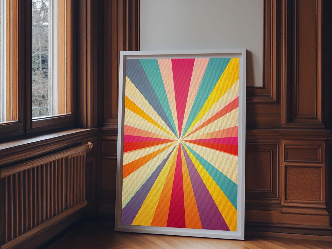 Colorful Sunburst Rays Teal Yellow Pink Vertical Retro Geometric Art Print - Image 2