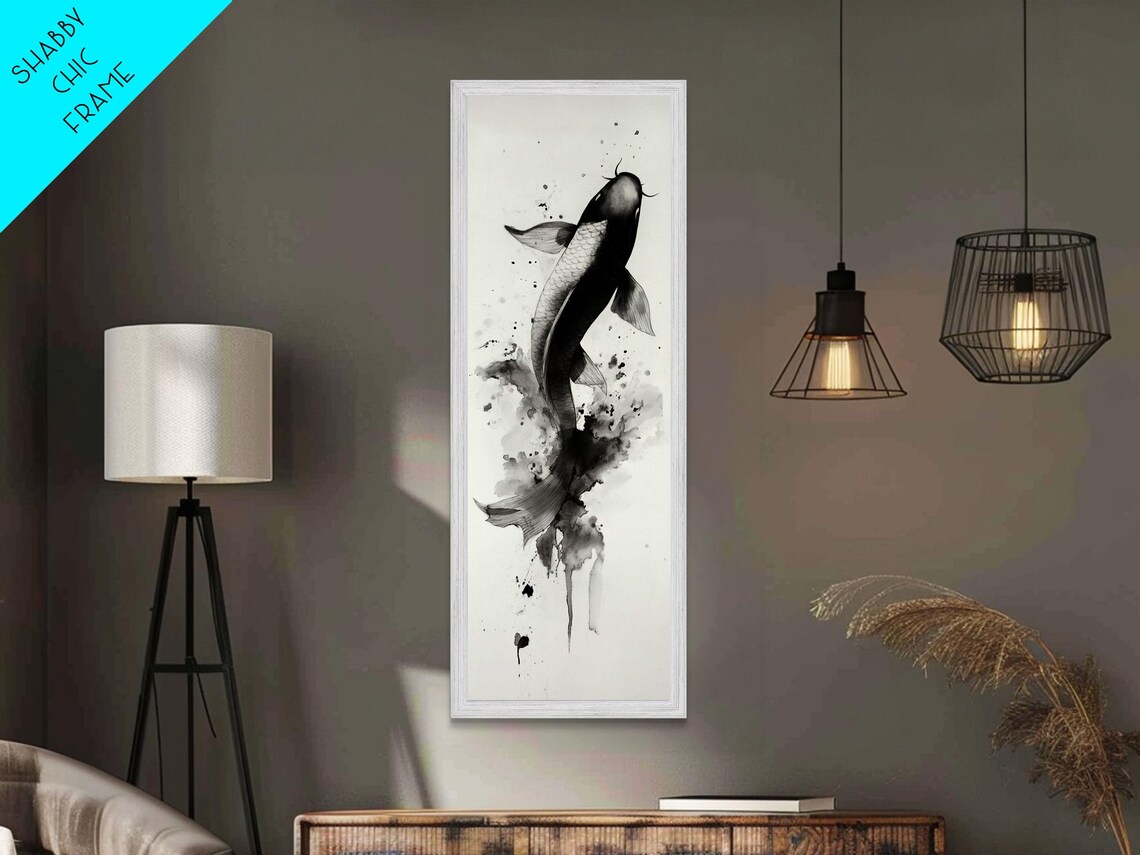 Black Ink Koi Fish Leaping Japanese Sumi E Style Wall Art Poster - Image 6